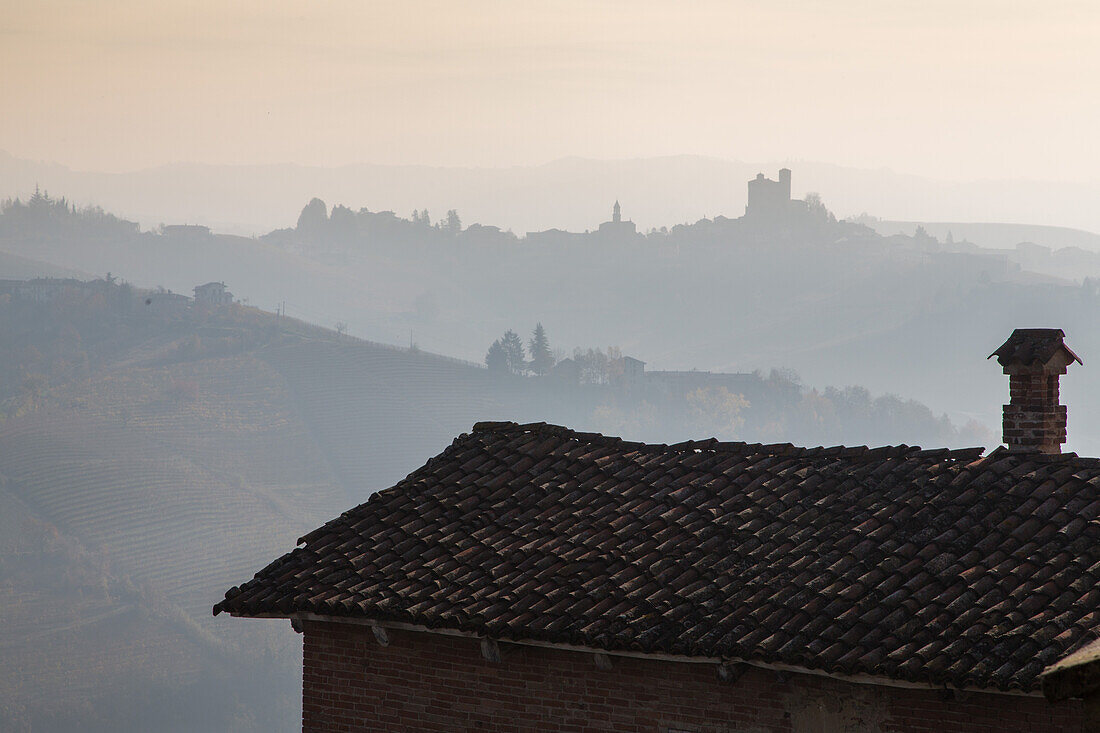 Ziegeldach Bauernhaus, Silhouette im Morgengrau, Serralunga d'Alba, Weinberge, Hügellandschaft, Weinbaugebiet Langhe in Piemont, Provinz Cuneo, Italien