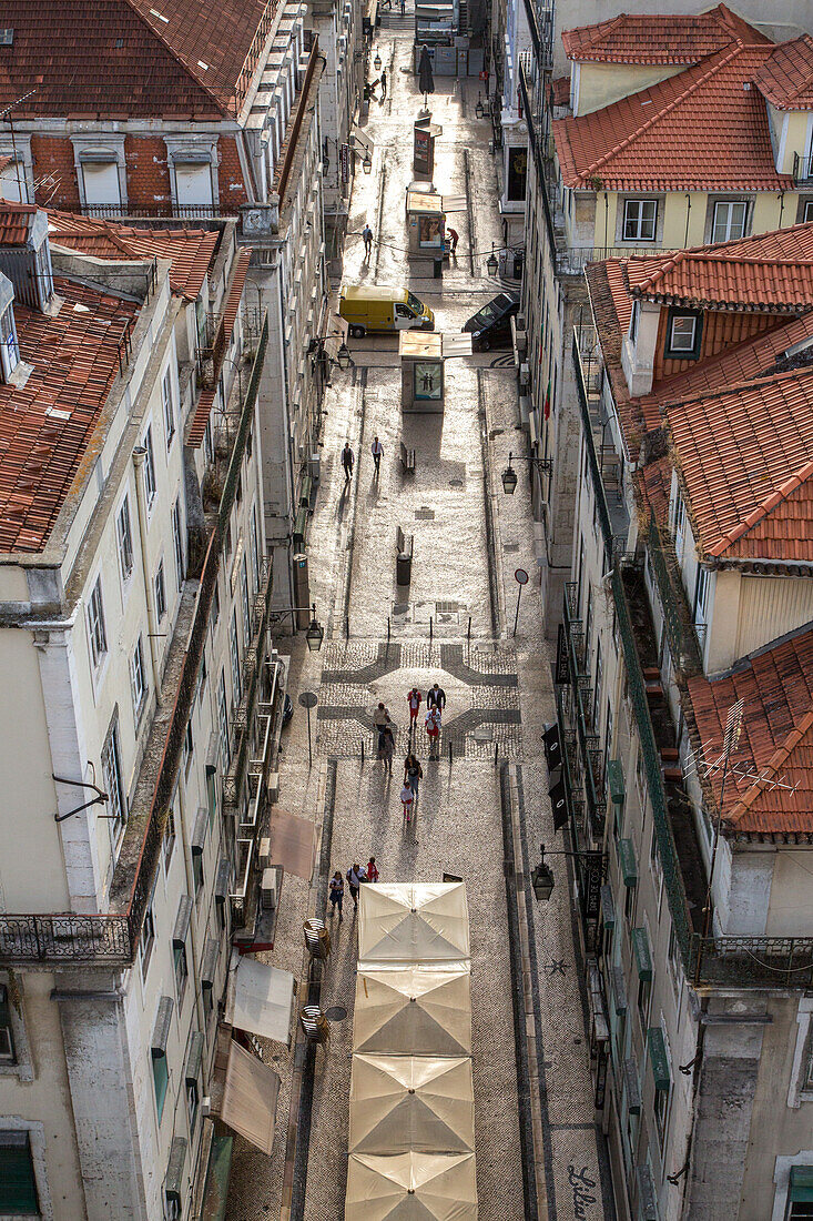early morning view from elevador Santa Justa, pavement, pedestrian, Lisbon, Portugal