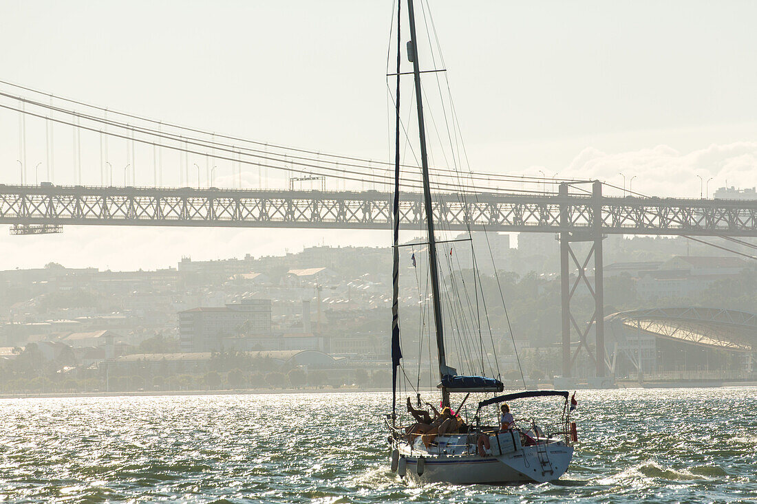 yacht, 25th  April Bridge, suspension bridge, Tagus River, Lisbon, Portugal