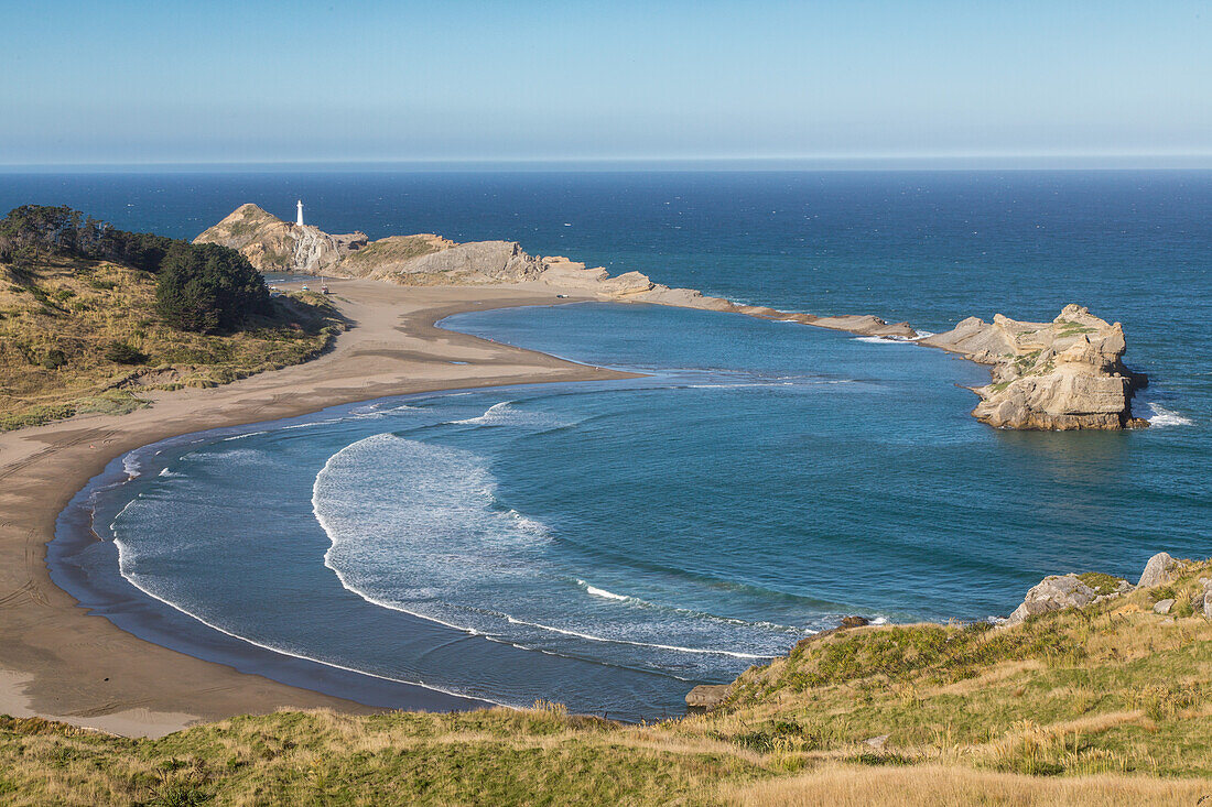 Castlepoint, Kalkstein Riff schützt die Bucht, Lagune, Bucht, Strand, Wairarapa Coast, Nordinsel, Neuseeland