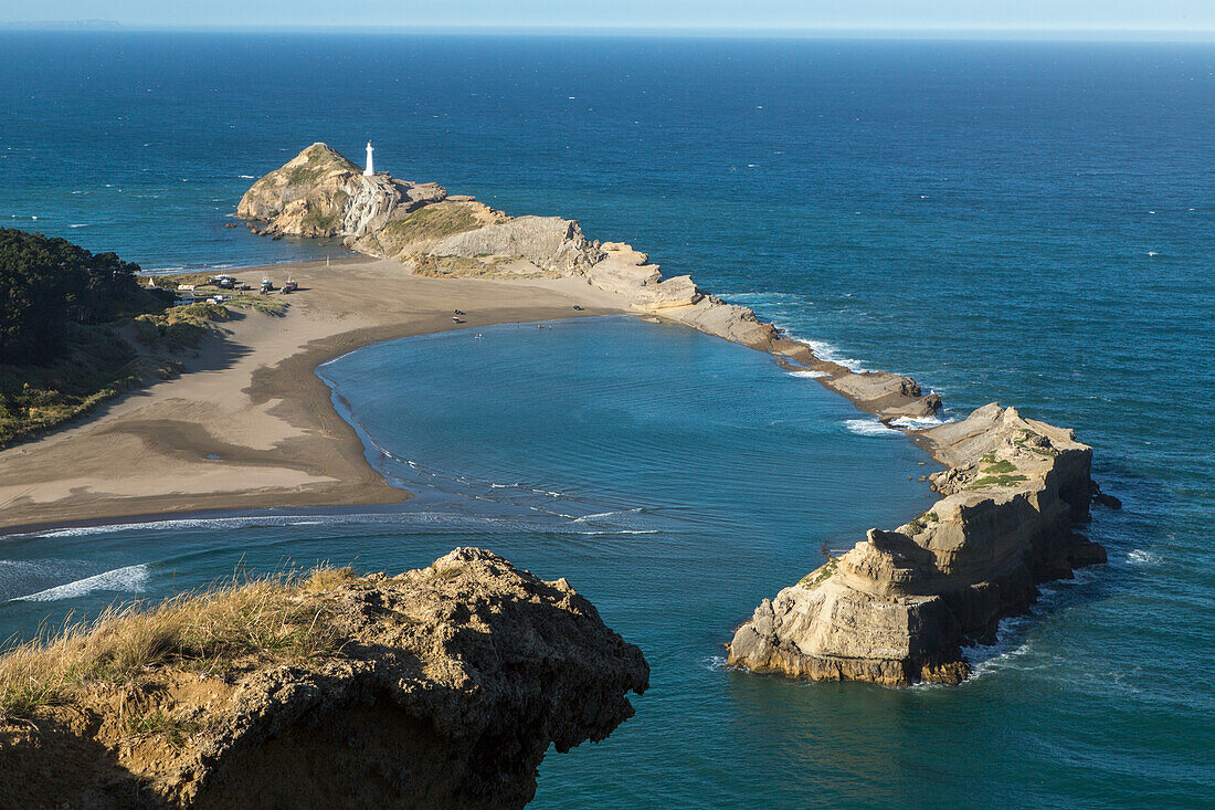 Castlepoint, beach, bay, limestone reef, lagoon, landscape seen from Castle Rock, Wairarapa Coast, Pacific Ocean, North Island, New Zealand