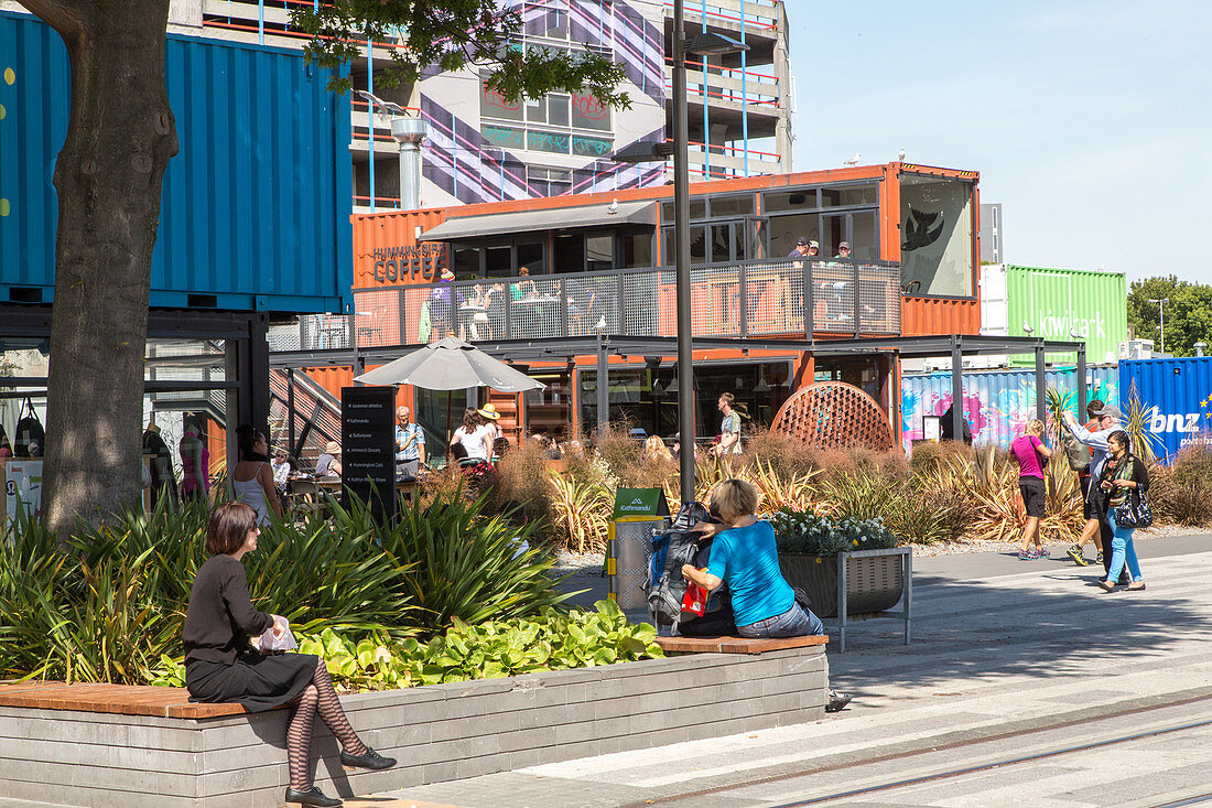 Container-Architektur nach dem Erdbeben, Re-Start Mall, im zerstörten Zentrum von Christchurch, Südinsel, Neuseeland