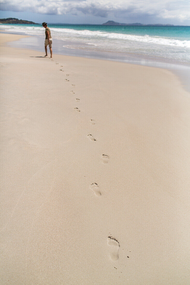 footprints in sand on beach with person, pristine beach, high format, Karikari Peninsula, North Island, New Zealand