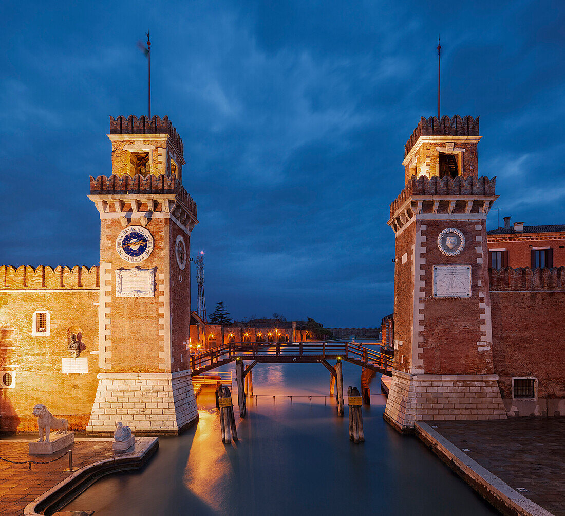 Arsenale di Venezia, the former shipyard and naval base in the blue of the night, with an illuminated wall  Ingresso All'Acqua, Venetian Arsenal, Castello, Venice, Veneto, Italy