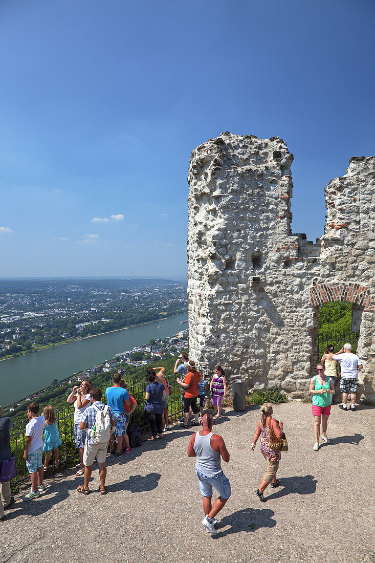 View from ruin of castle Burg Drachenfels over the Rhine to Koenigswinter, Middle Rhine Valley, North Rhine-Westphalia, Germany, Europe