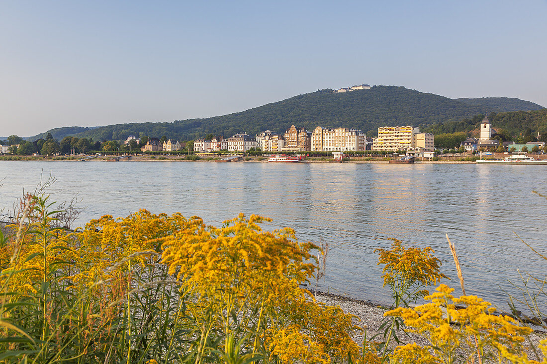 View over the river Rhine towards Koenigswinter and the Petersberg, Middle Rhine Valley, North Rhine-Westphalia, Germany, Europe