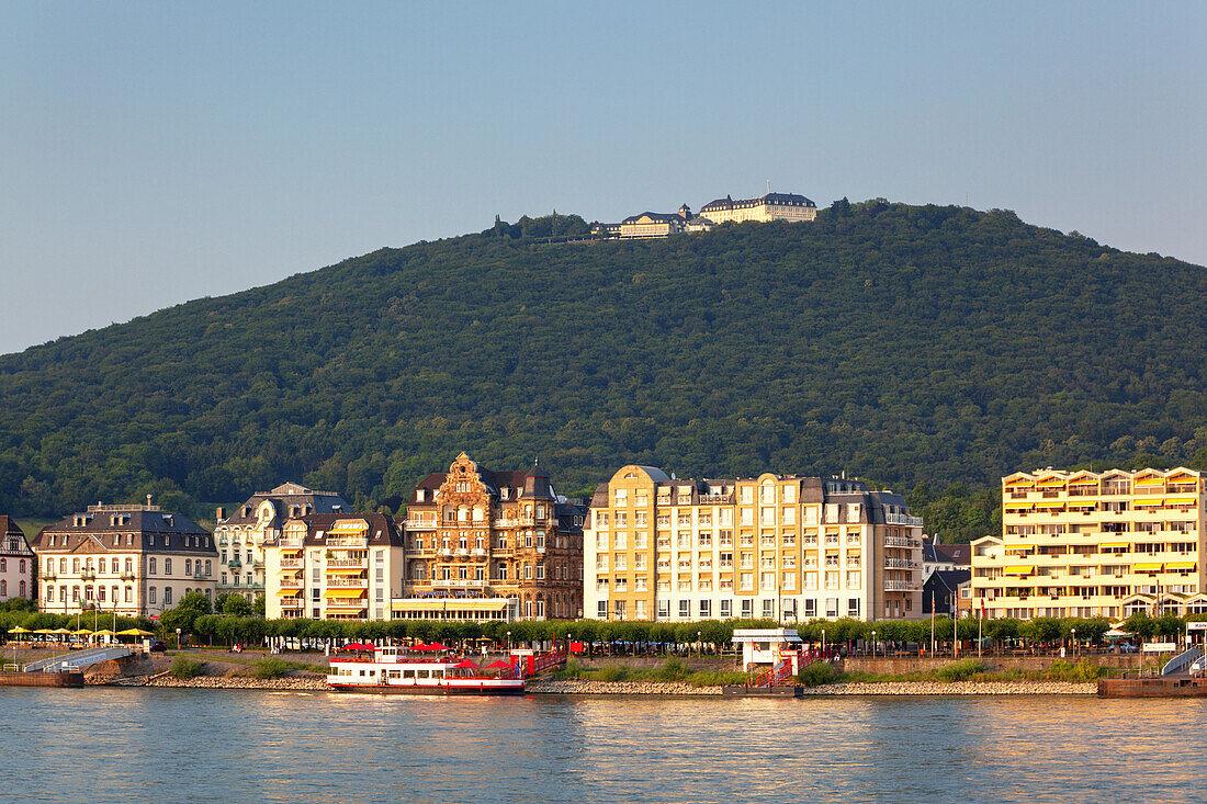 View over the river Rhine towards Koenigswinter and the Petersberg, Middle Rhine Valley, North Rhine-Westphalia, Germany, Europe