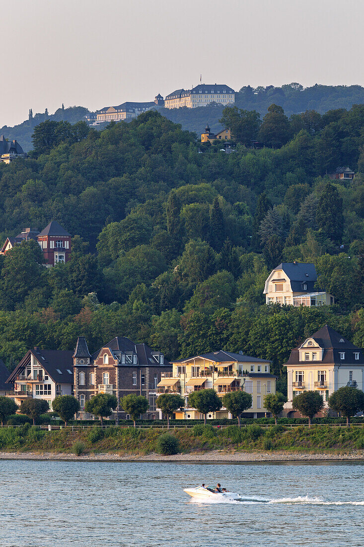 View over the river Rhine towards Koenigswinter and Petersberg, Middle Rhine Valley, North Rhine-Westphalia, Germany, Europe