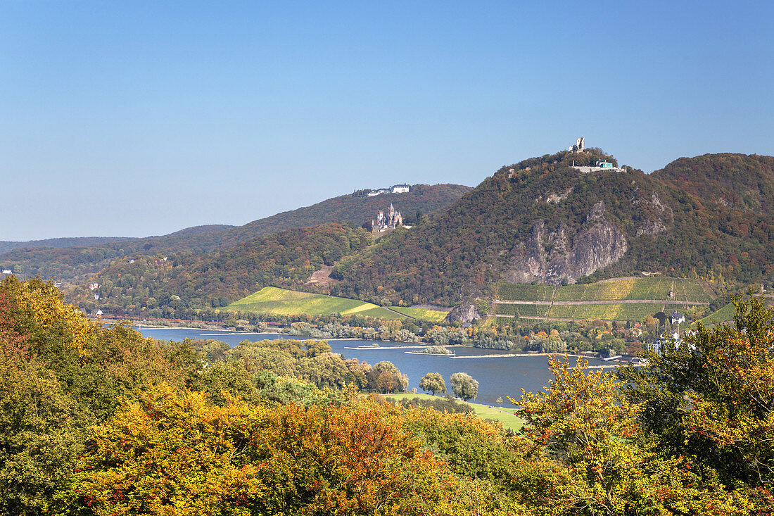 Heinrich view over the river Rhine of the Siebengebirge with Petersberg and castle Drachenburg on the Drachenfels, Rolandswerth, Remagen, Middle Rhine Valley, North Rhine-Westphalia, Germany, Europe