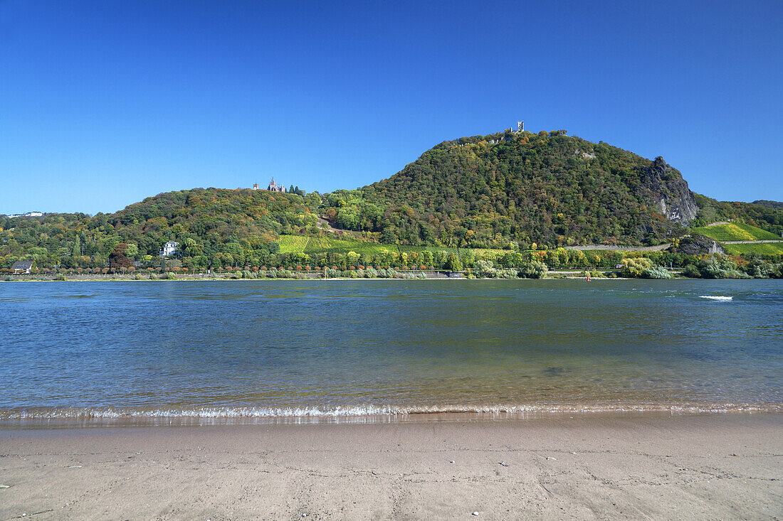 View over the river Rhine of castle Drachenburg on the Drachenfels, from Bonn Mehlem, Middle Rhine Valley, North Rhine-Westphalia, Germany, Europe