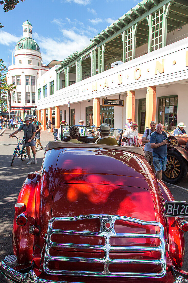 Art Deco Festival, vintage cars parked in front of Masonic Hotel Napier, Hawke's Bay, North Island, New Zealand