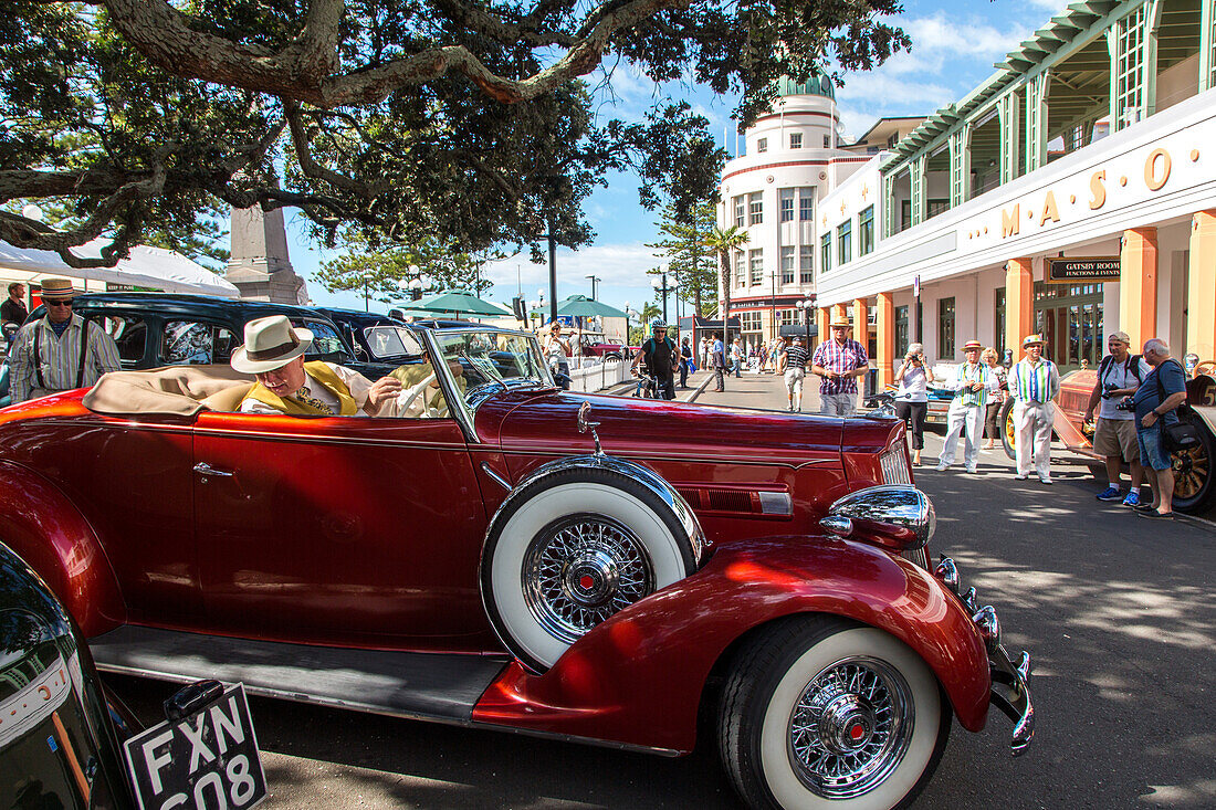Art Deco Festival, vintage cars parked in front of Masonic Hotel Napier, Hawke's Bay, North Island, New Zealand