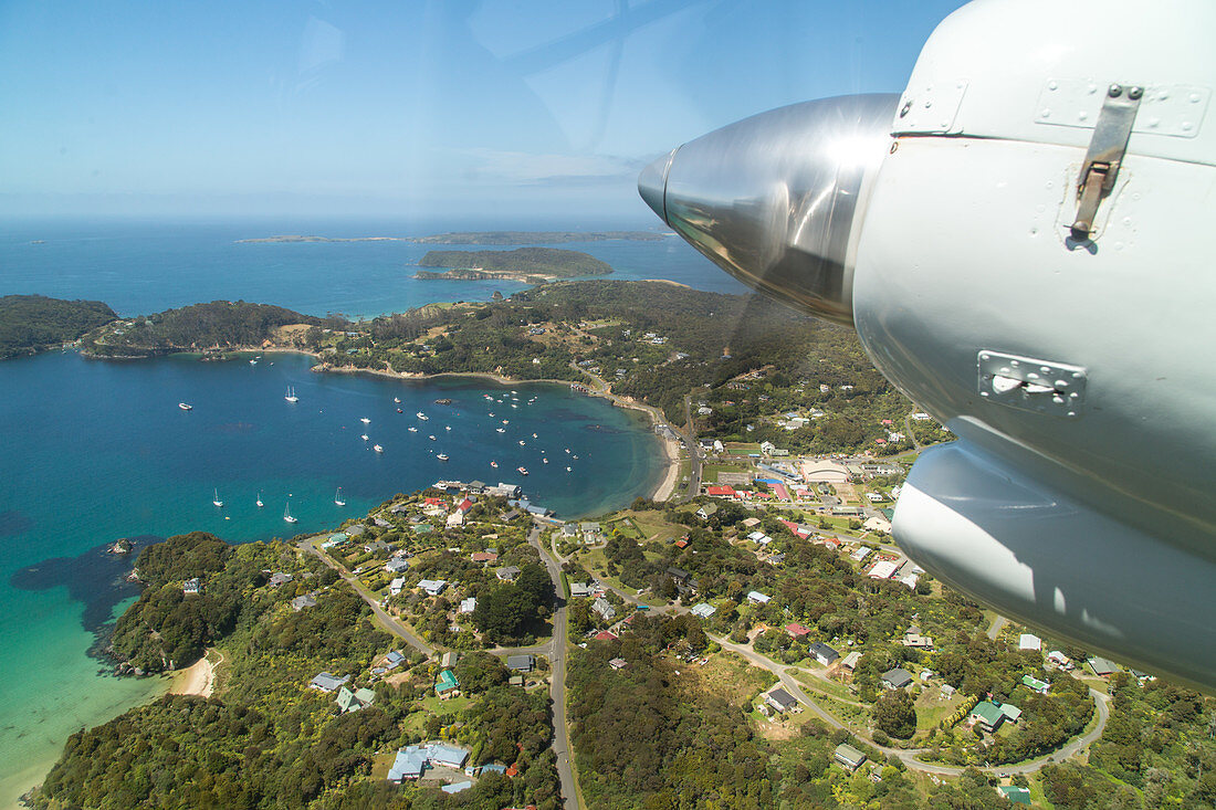 view from window, flight above Oban on Halfmoon Bay, Stewart Island, Rakiura, New Zealand