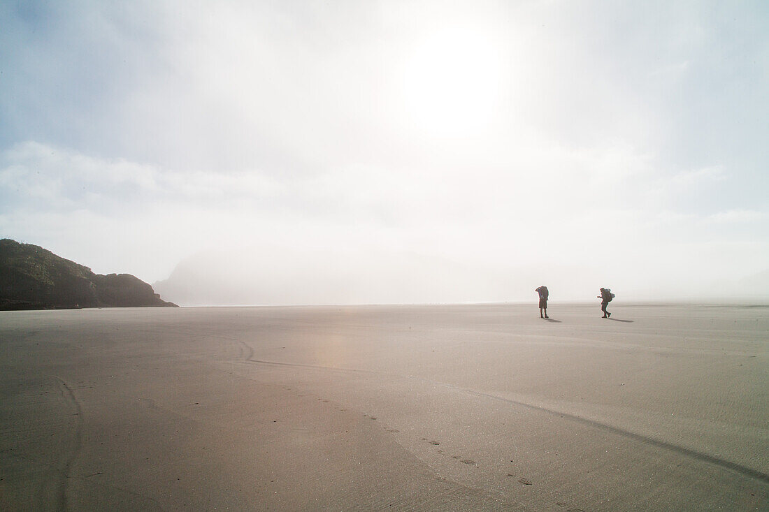 Nebel am Wharariki Beach, Gegenlicht, weiter Strand, Sonne überstrahlt, Wanderer mit Rucksack als Silhouette, Südinsel, Neuseeland