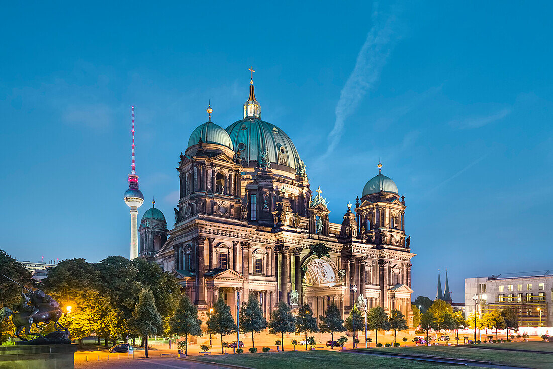 Berlin Dom and Television tower at night, Museum Island, Berlin, Germany