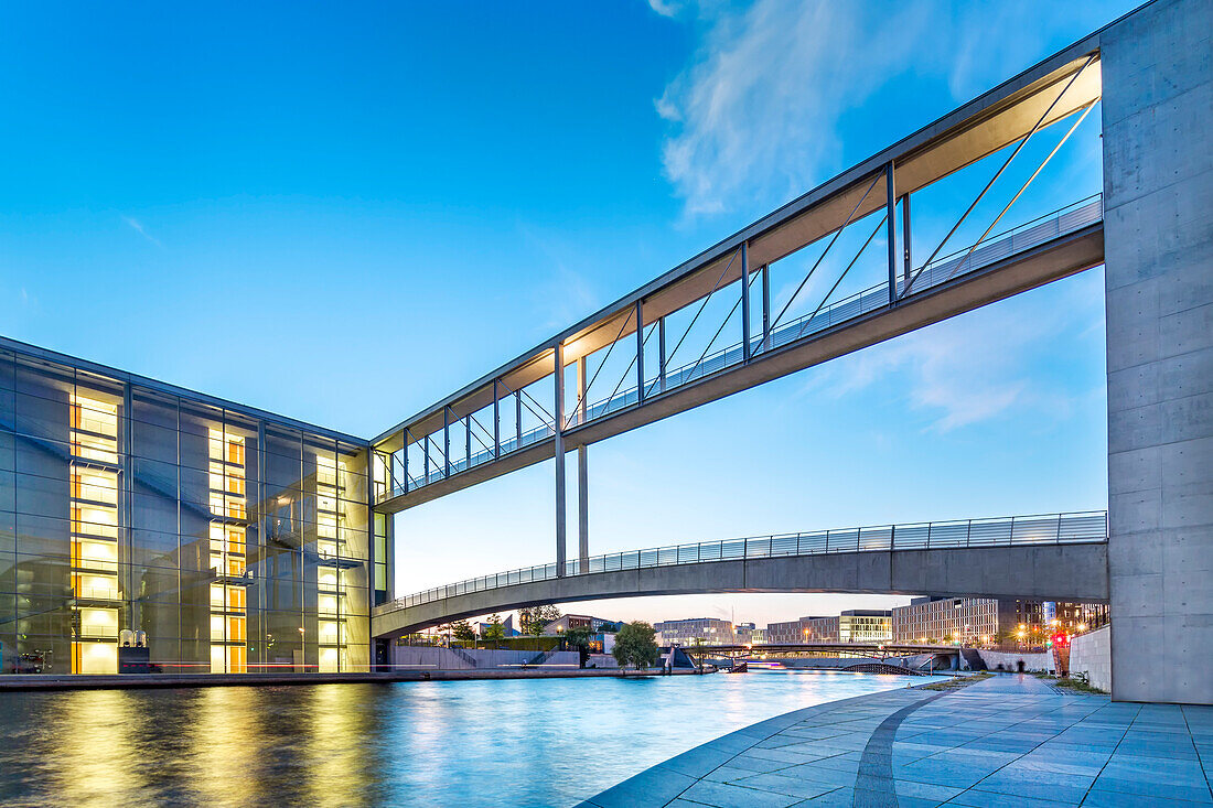 Illuminated Paul-Loebe-Haus, Governmental building, Berlin, Germany