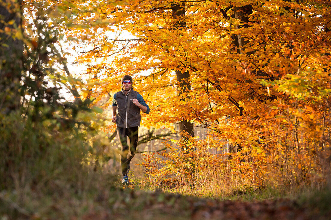 Young man running through a colorful autumn forest, Allgaeu, Bavaria, Germany