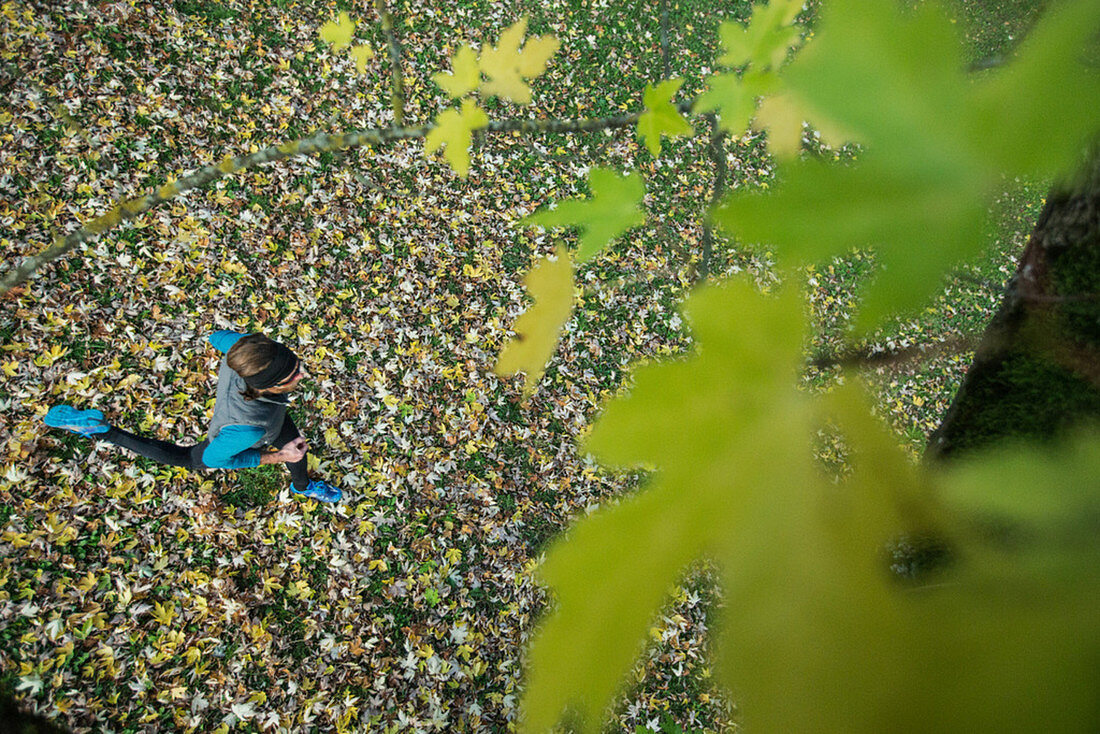 Young man running through a colorful autumn forest, Allgaeu, Bavaria, Germany