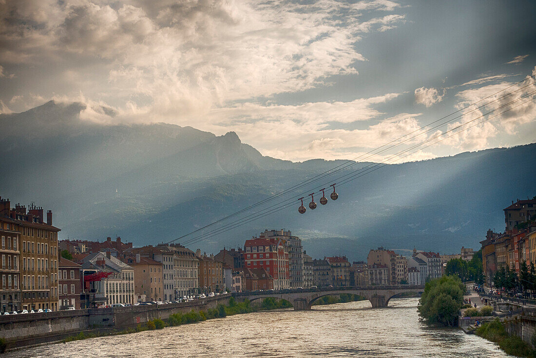 Quaint Village and River with Mountains in Background, Grenoble, France