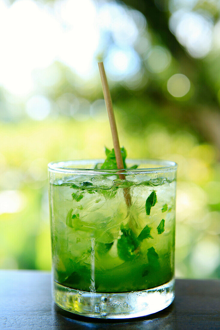 Close up of mojito cocktail in glass