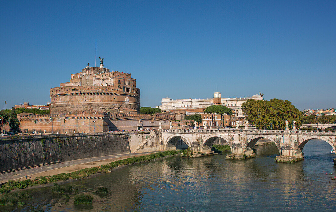 Sant Angelo Castle and bridge under blue sky, Rome, Lazio, Italy