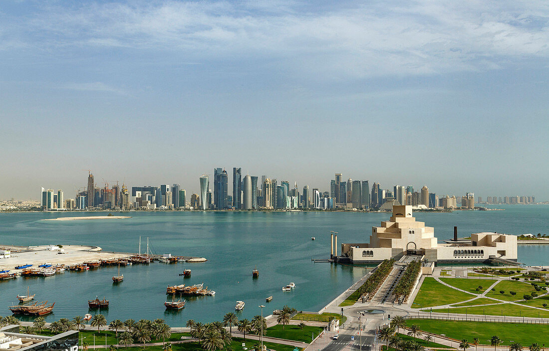 Doha cityscape and harbor, Doha, Qatar
