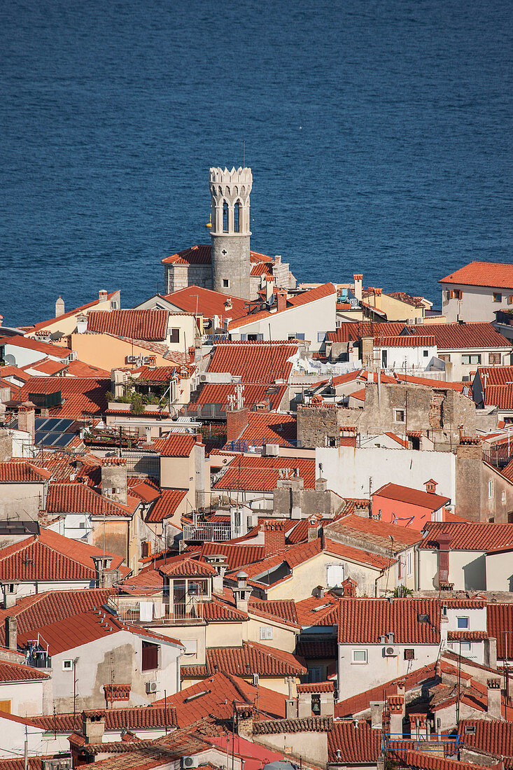 Aerial view of rooftops in Piran cityscape, Adriatic Sea, Slovenia