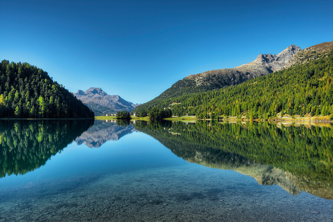 Lake Champfer with Piz da la Margna and Piz Lagrev, Champfer, Engadine, Canton Grisons, Switzerland