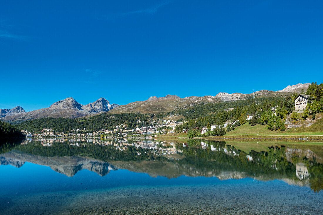View over St. Moritz Lake with St, Moritz, Piz Lagrev, Piz Albana and Piz Julier, Engadine, Canton Grisosn, Switzerland
