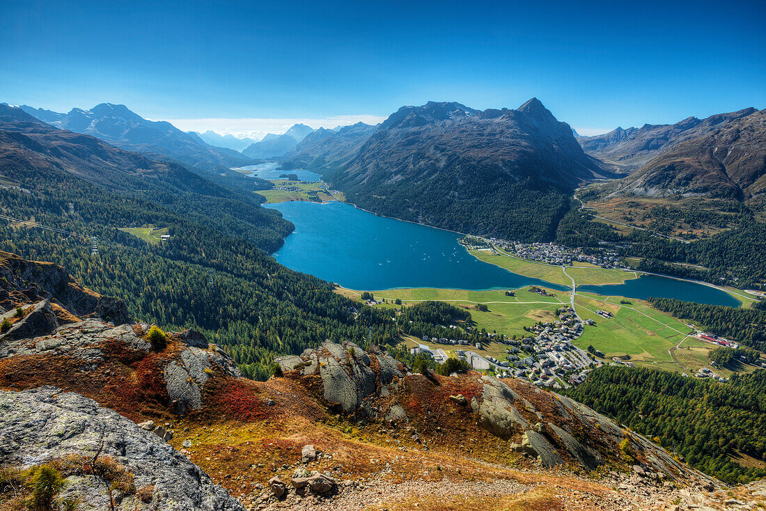 Silser See, Sils, Silvaplanersee, Silvaplana und Piz Polaschin, Engadin, Kanton Graubünden, Schweiz