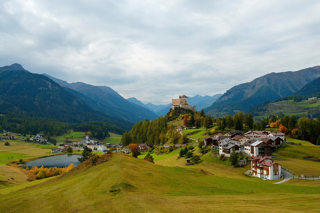 View at Tarasp with Tarasp castle, Engadine, Canton Grisons, Switzerland