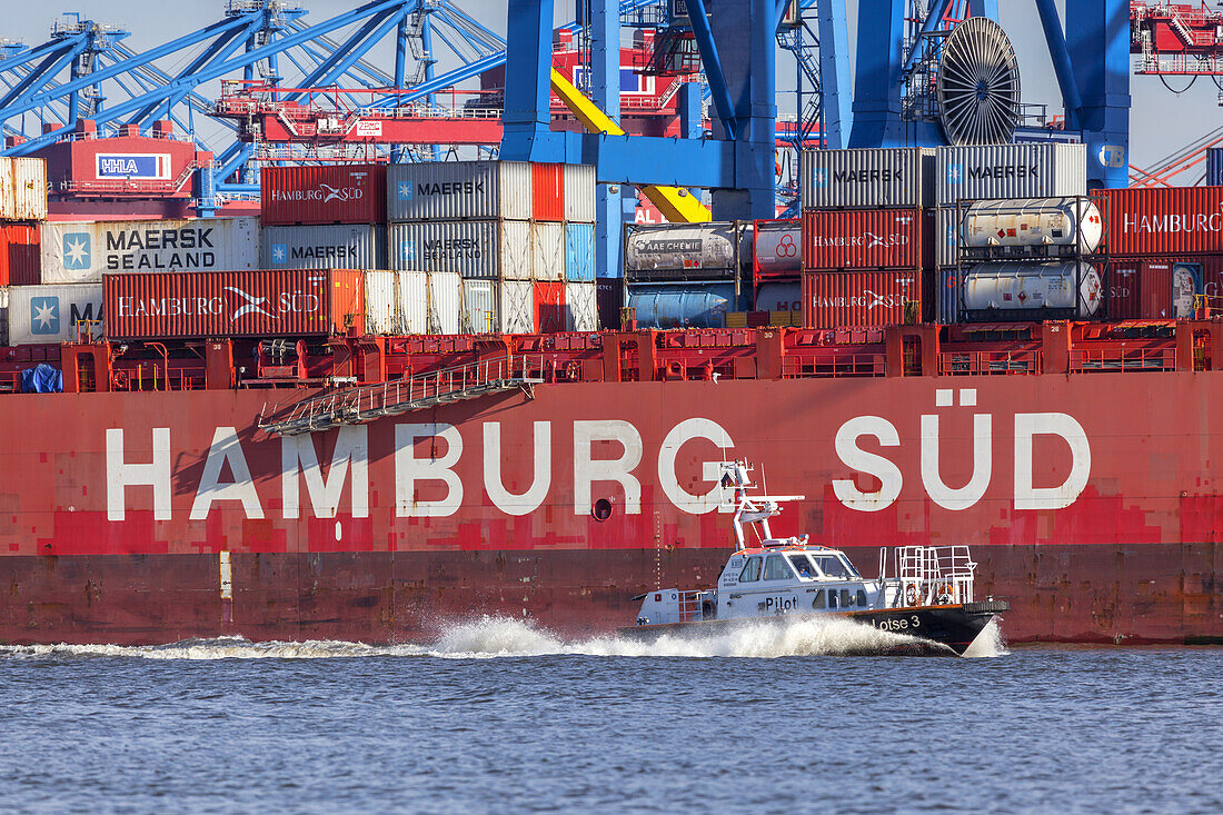 Pilot boat in front of container ship of shipping company Hamburg Süd in the Port of Hamburg, Hanseatic City of Hamburg, Northern Germany, Germany, Europe