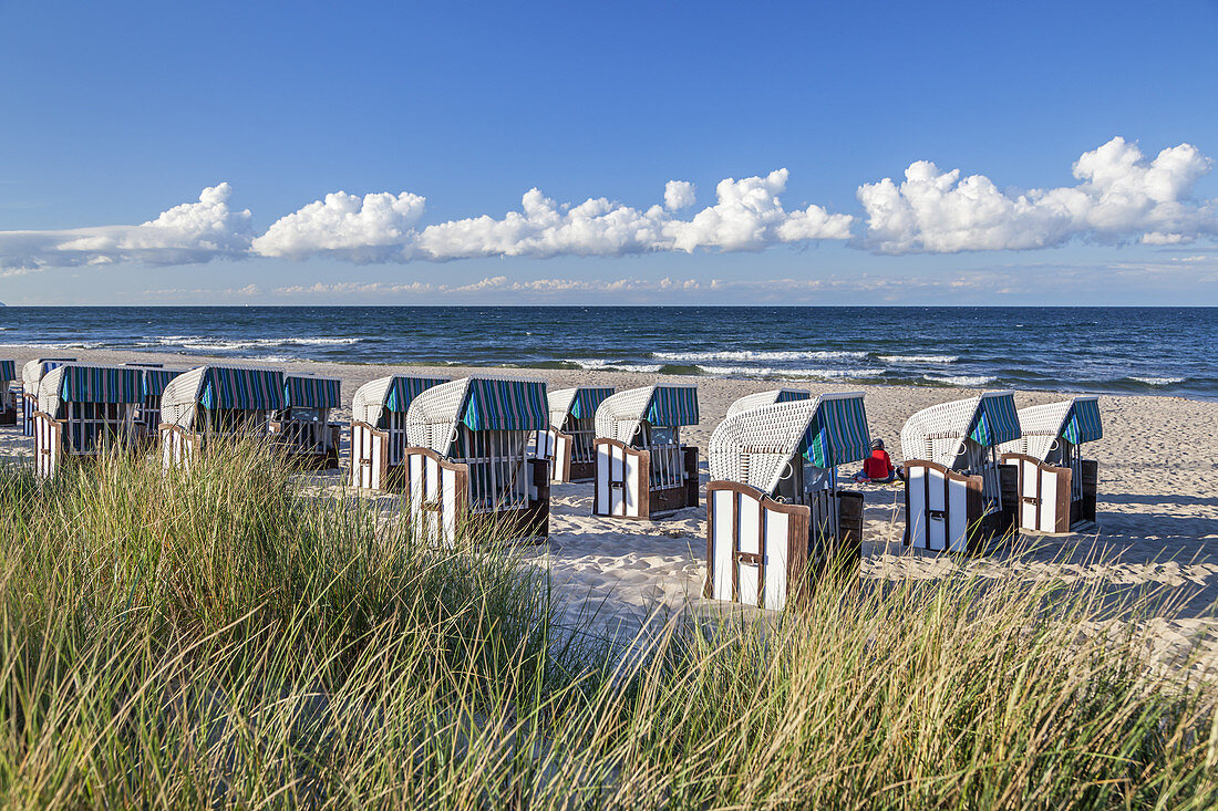 Strandkörbe am Strand im Ostseebad Baabe, Mönchgut, Insel Rügen, Ostseeküste, Vorpommern, Mecklenburg-Vorpommern, Norddeutschland, Deutschland, Europa