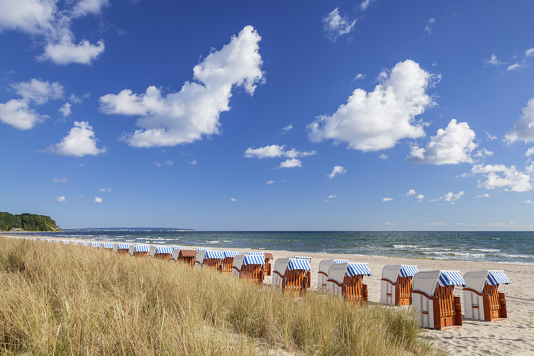 Beach and beach chairs in Baltic resort Baabe, Moenchgut, Island Ruegen, Baltic Sea coast, Mecklenburg-Western Pomerania, Northern Germany, Germany, Europe