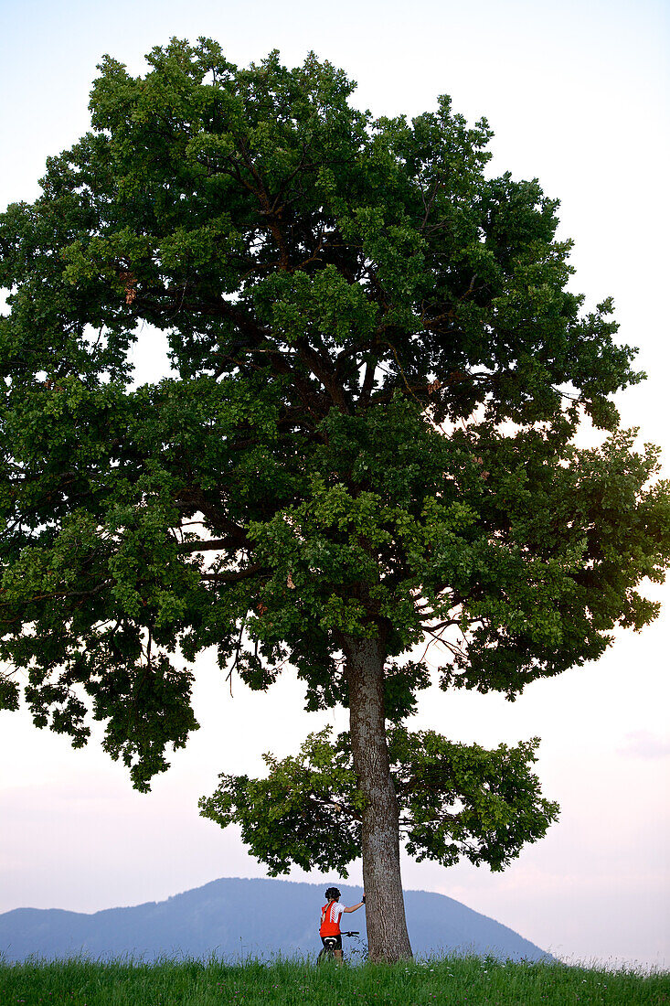 girl sitting on her bike and holding on to a tree, Fuessen, Bavaria, Germany