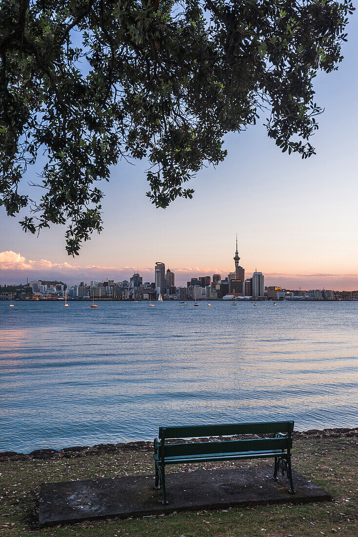 Auckland skyline at night seen from Bayswater, Auckland, North Island, New Zealand, Pacific