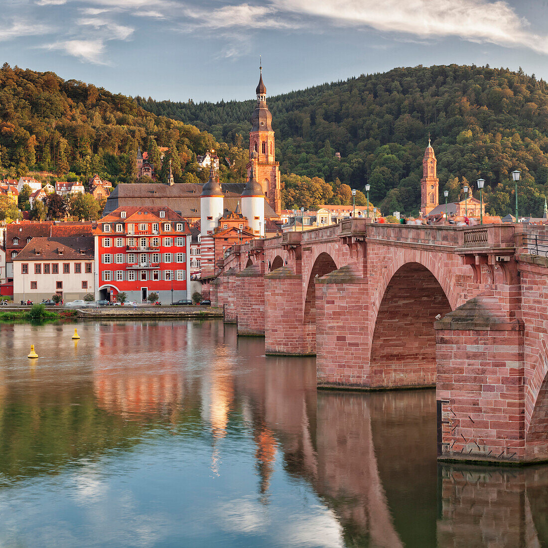 Old town with Karl-Theodor-Bridge (Old Bridge), Gate and Heilig Geist Church, Neckar River, Heidelberg, Baden-Wurttemberg, Germany, Europe