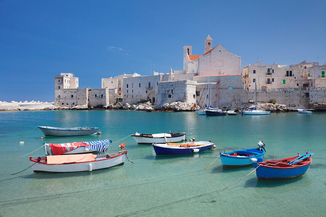 Fishing boats at the harbour, old town with cathedral, Giovinazzo, Bari district, Puglia, Italy, Mediterranean, Europe