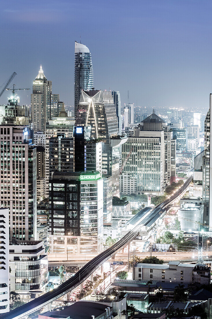 Bangkok skyline showing the Skytrain and Chit Lom, Sukhumvit and Ploen Chit areas, Bangkok, Thailand, Southeast Asia, Asia