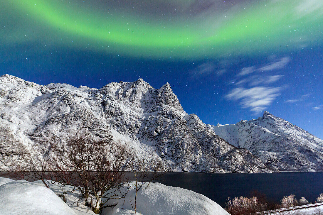 Northern Lights (aurora borealis) illuminate the snowy peaks and the blue sky during a starry night, Budalen, Svolvaer, Lofoten Islands, Arctic, Norway, Scandinavia, Europe