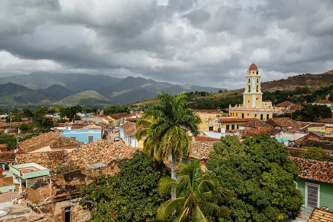 An elevated view of the terracotta roofs and the bell tower of the Museo Nacional de la Lucha, formerly Iglesia y Convento de Sa, Trinidad, UNESCO World Heritage Site, Sancti Spiritus Province, Cuba, West Indies, Caribbean, Central America