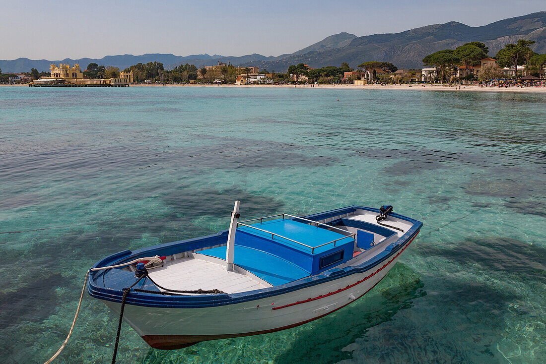 Traditional colourful fishing boat moored at the seaside resort of Mondello, Sicily, Italy, Mediterranean, Europe
