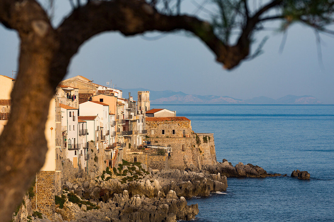 Historic houses on the rocky coastline of Cefalu, Sicily, Italy, Mediterranean, Europe