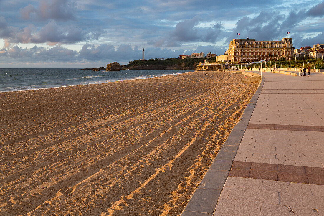 The sandy beach and promenade in Biarritz, Pyrenees Atlantiques, Aquitaine, France, Europe