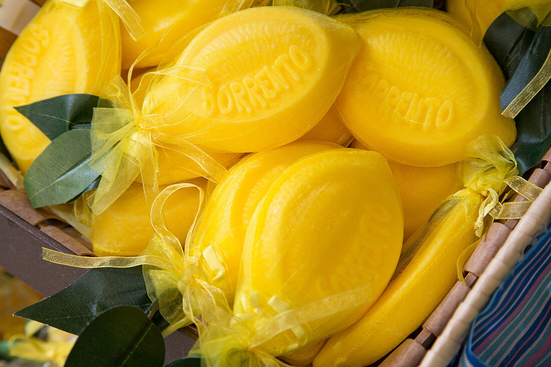 Lemon soap stall on Via C Cesario, Sorrento, Campania, Italy, Europe