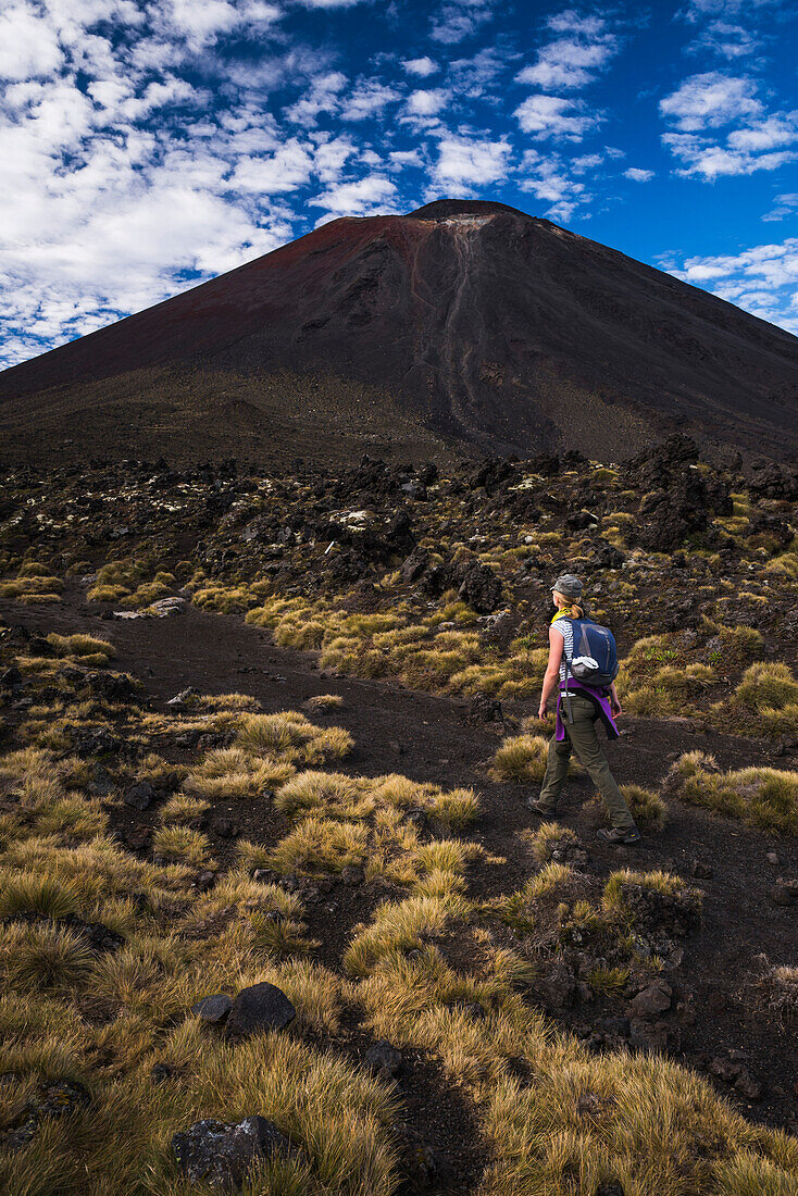 Female hiking the Tongariro Alpine Crossing Trek, Tongariro National Park, UNESCO World Heritage Site, North Island, New Zealand, Pacific