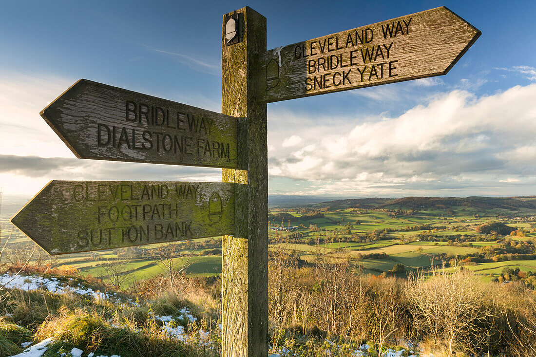 Sneck Yate signpost at Whitestone Cliffe, on The Cleveland Way long distance footpath, North Yorkshire, England, United Kingdom, Europe