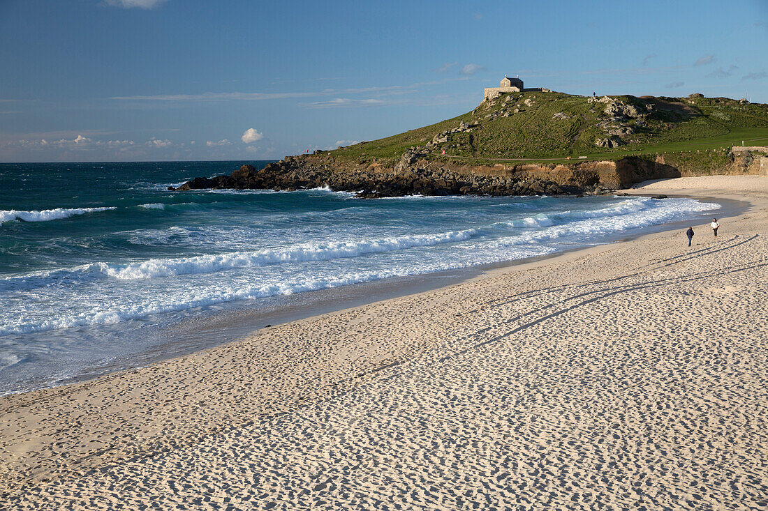 Porthmeor beach and St. Nicholas chapel, St. Ives, Cornwall, England, United Kingdom, Europe