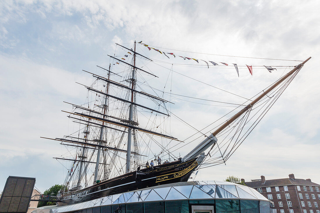 Der Clipper-Schiff Cutty Sark auf dem Display bei Greenwich Pier, Greenwich, London, England, Großbritannien, Europa