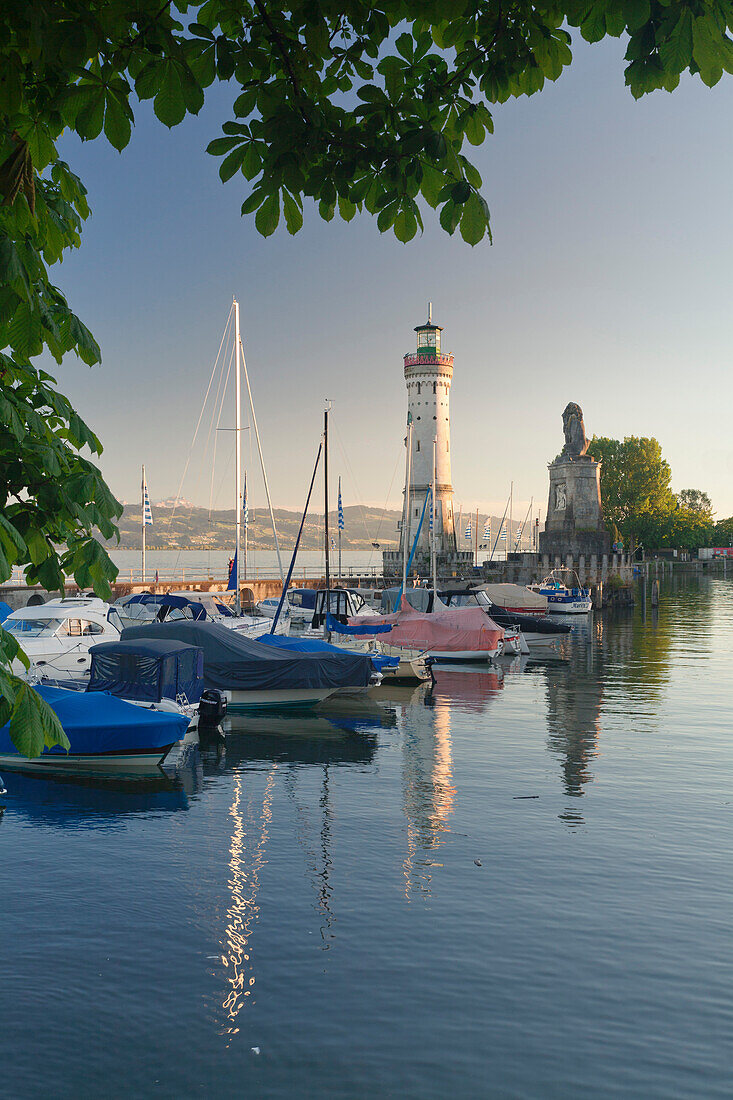 Lighthouse and Bavarian Lion at the port at sunset, Lindau, Lake Constance, Bavaria, Germany, Europe